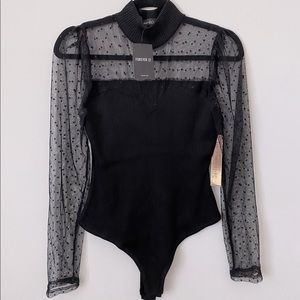 Black Knit Bodysuit with Mesh Polka Dot Neckline + Sleeves